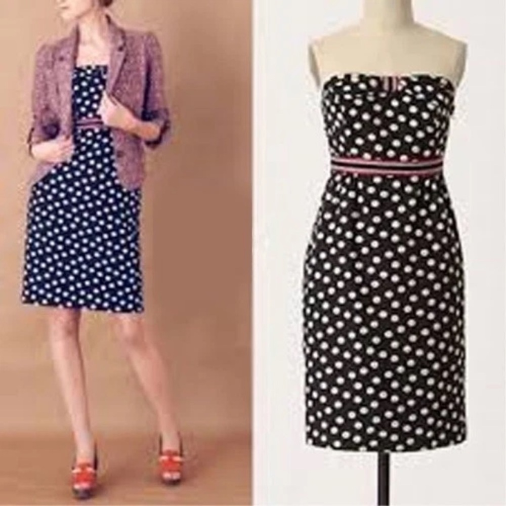 Anthropologie Maeve Strapless Polka Dot Dress with Bow Accent